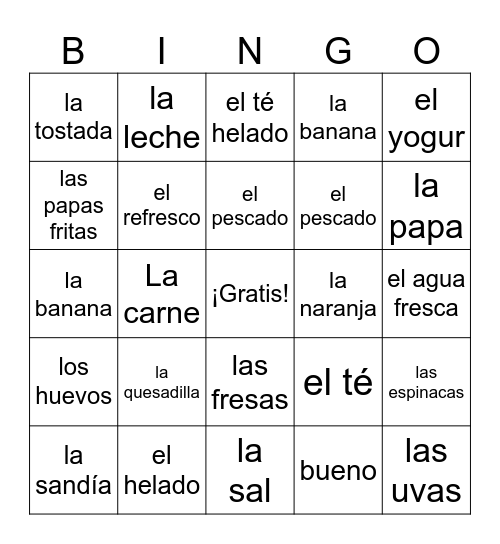 La comida Bingo Card