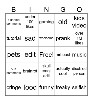shorts yt Bingo Card
