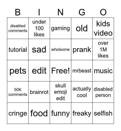 shorts yt Bingo Card