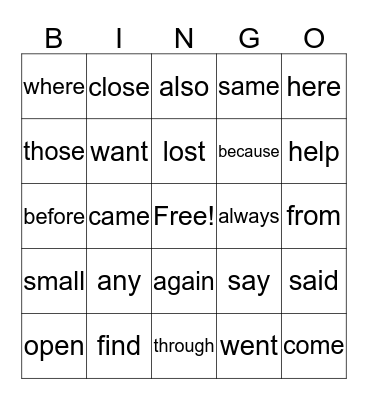 Sight Word Bingo Card