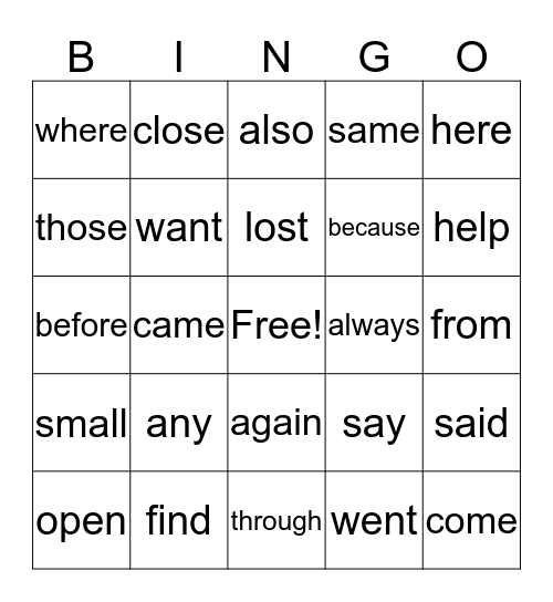 Sight Word Bingo Card