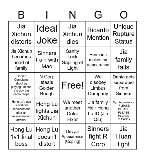 Canto 8 Bingo Card