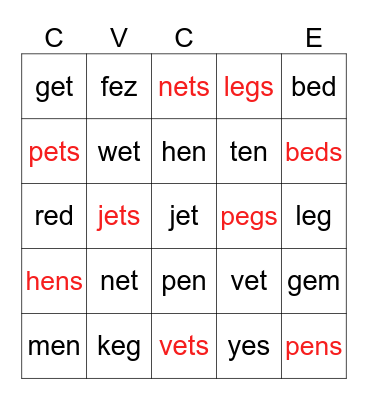 CVC words with e vowel Bingo Card