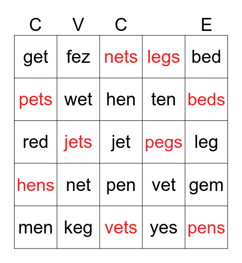 CVC words with e vowel Bingo Card