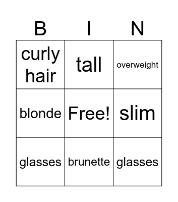 Physical appearence Bingo Card