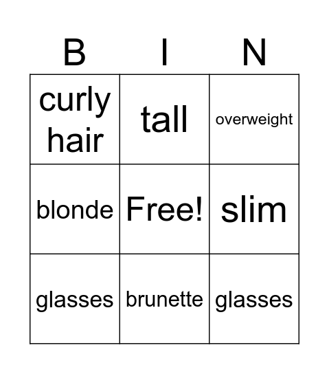 Physical appearence Bingo Card