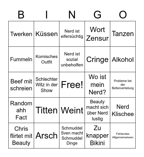 Beauty and the Nerd Bingo Card