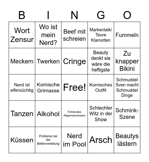 Beauty and the Nerd Bingo Card