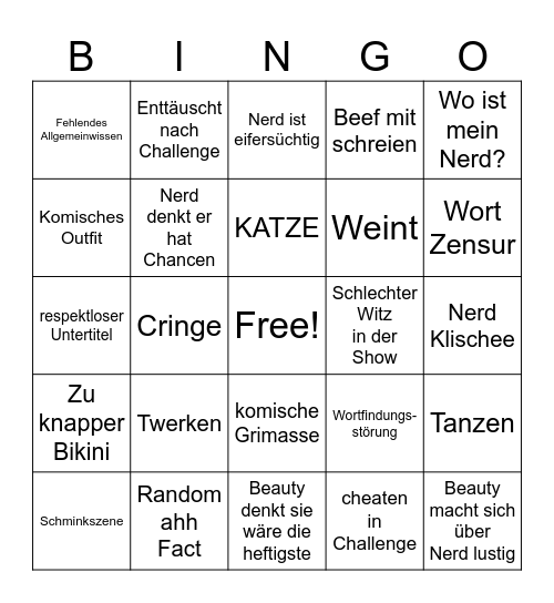 Beauty and the Nerd Bingo Card