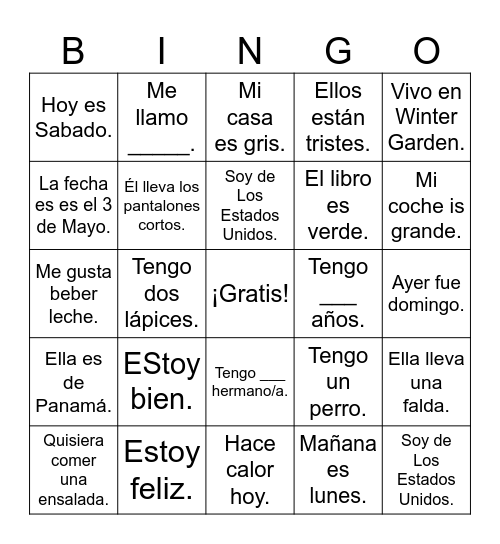 Answers to questions Bingo Card