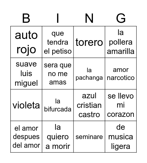 Bingo Musical Bingo Card