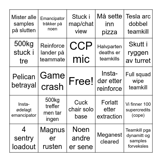 Helldivers Session Bingo Card