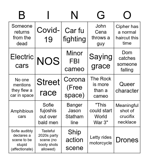 The Fast & The Furious Bingo Card