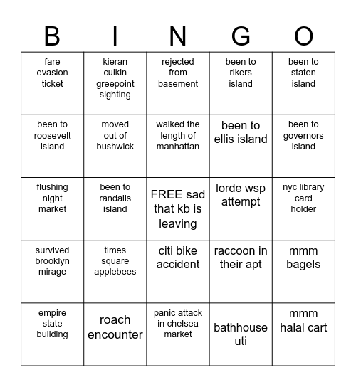 i survived my trip to nyc Bingo Card