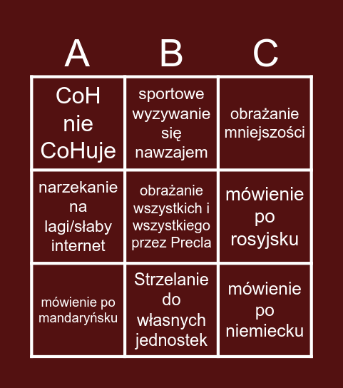 Coh Bingo Card