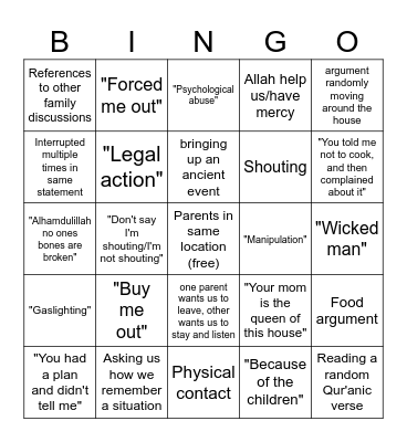 Unjustified Crashout Bingo Card
