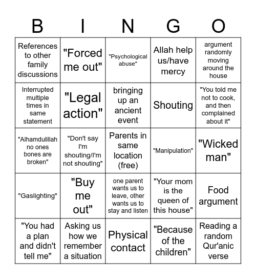 Unjustified Crashout Bingo Card