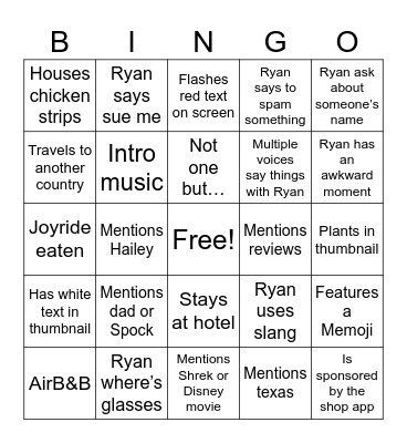 Ryan Trahan bingo Card