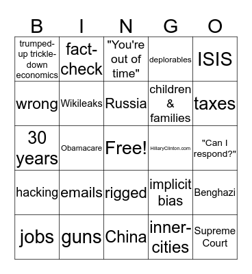 WPA Presidential Debate Bingo Card