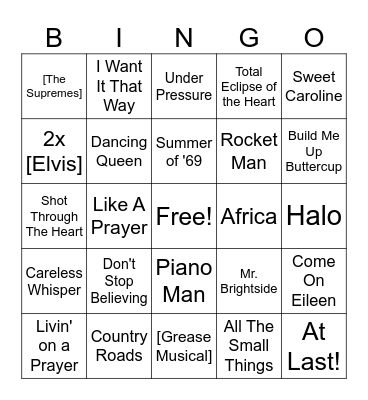 GF's Family Karaoke Bingo Card
