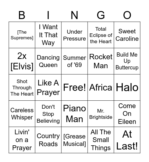 GF's Family Karaoke Bingo Card