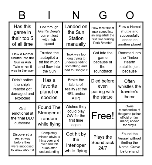Outer Wilds Bingo Card Bingo Card