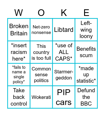 Reform UK Bingo Card