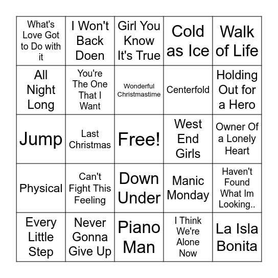 80's Billboard Bingo Card