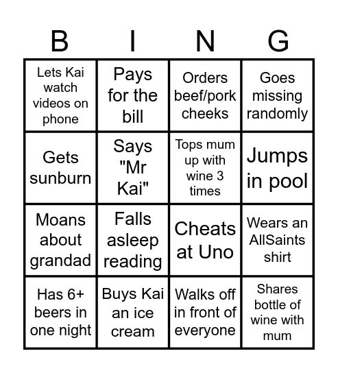 Dad Bingo Card