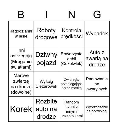Bingo Drogowe Bingo Card