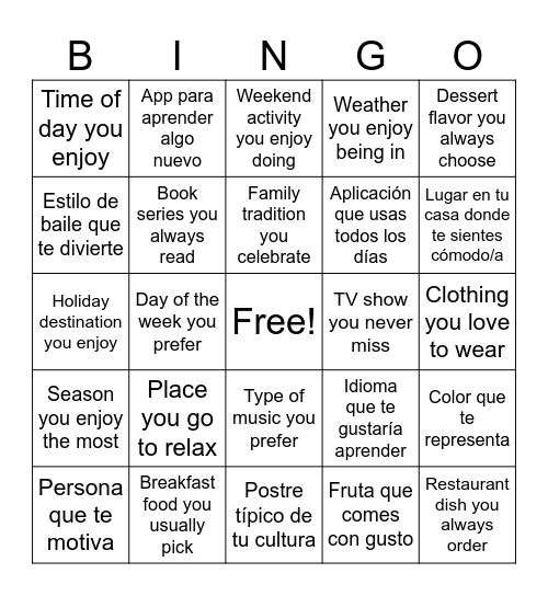 ES/EN Conversations Bingo Card