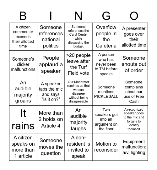Town Meeting BINGO Card