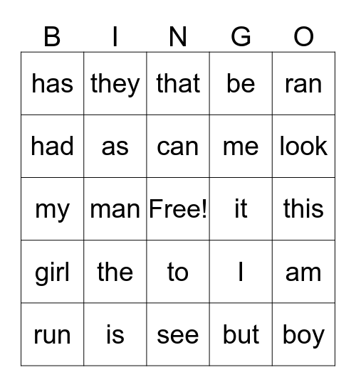 Site Words Bingo Card