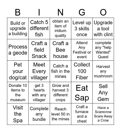 Stardew Lockout Bingo Card