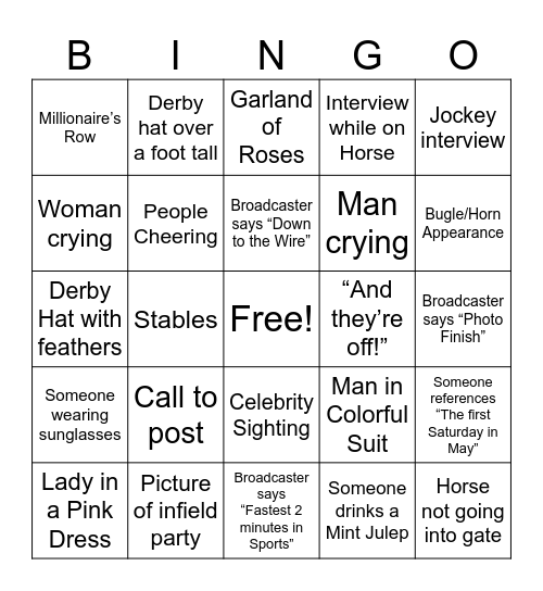 Kentucky Derby Bingo Card
