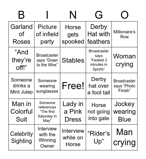 Kentucky Derby Bingo Card