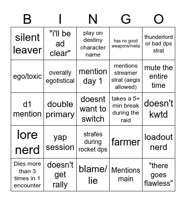 Destiny 2 Lfg Bingo Card