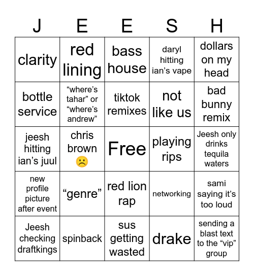 JEESH Bingo Card