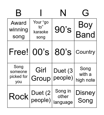 Karaoke Bingo Card