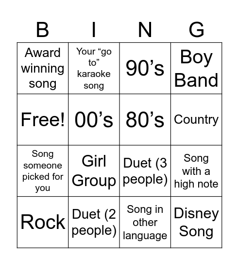 Karaoke Bingo Card