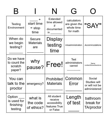 Test Administrator Training Bingo Card