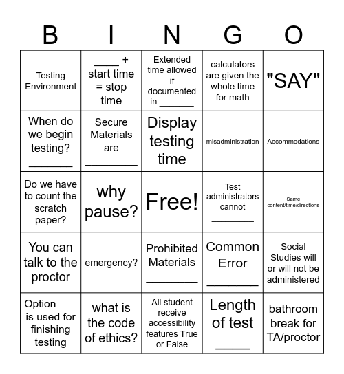 Test Administrator Training Bingo Card