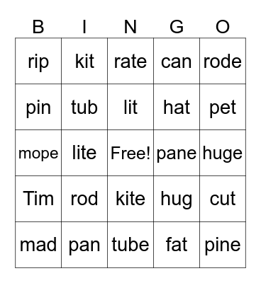 Magic E Bingo Card