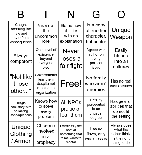 Mary Sue Bingo Card Bingo Card
