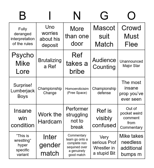 Mystery Wrestling Bingo Card