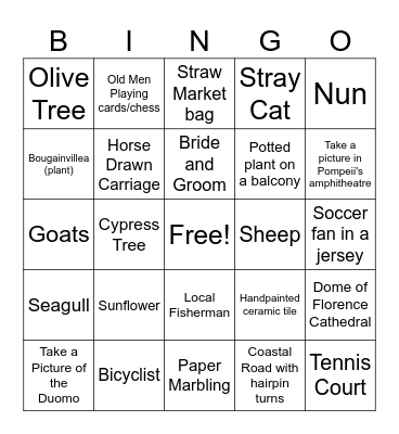 Italy/Amalfi Coast BLACK OUT Bingo Card