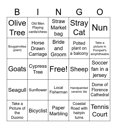 Italy/Amalfi Coast BLACK OUT Bingo Card
