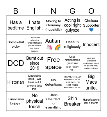 How similar art thou to Miller? Bingo Card