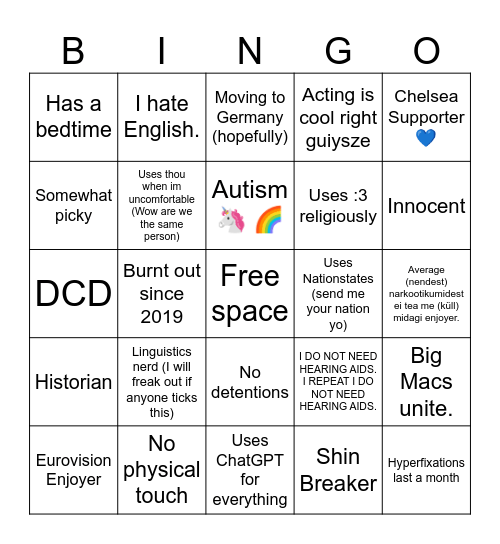 How similar art thou to Miller? Bingo Card