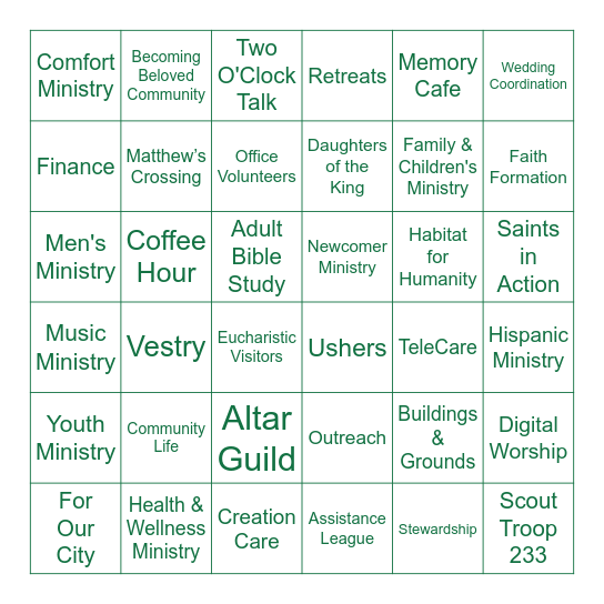 St. Matthew's Ministry Fair Bingo Card